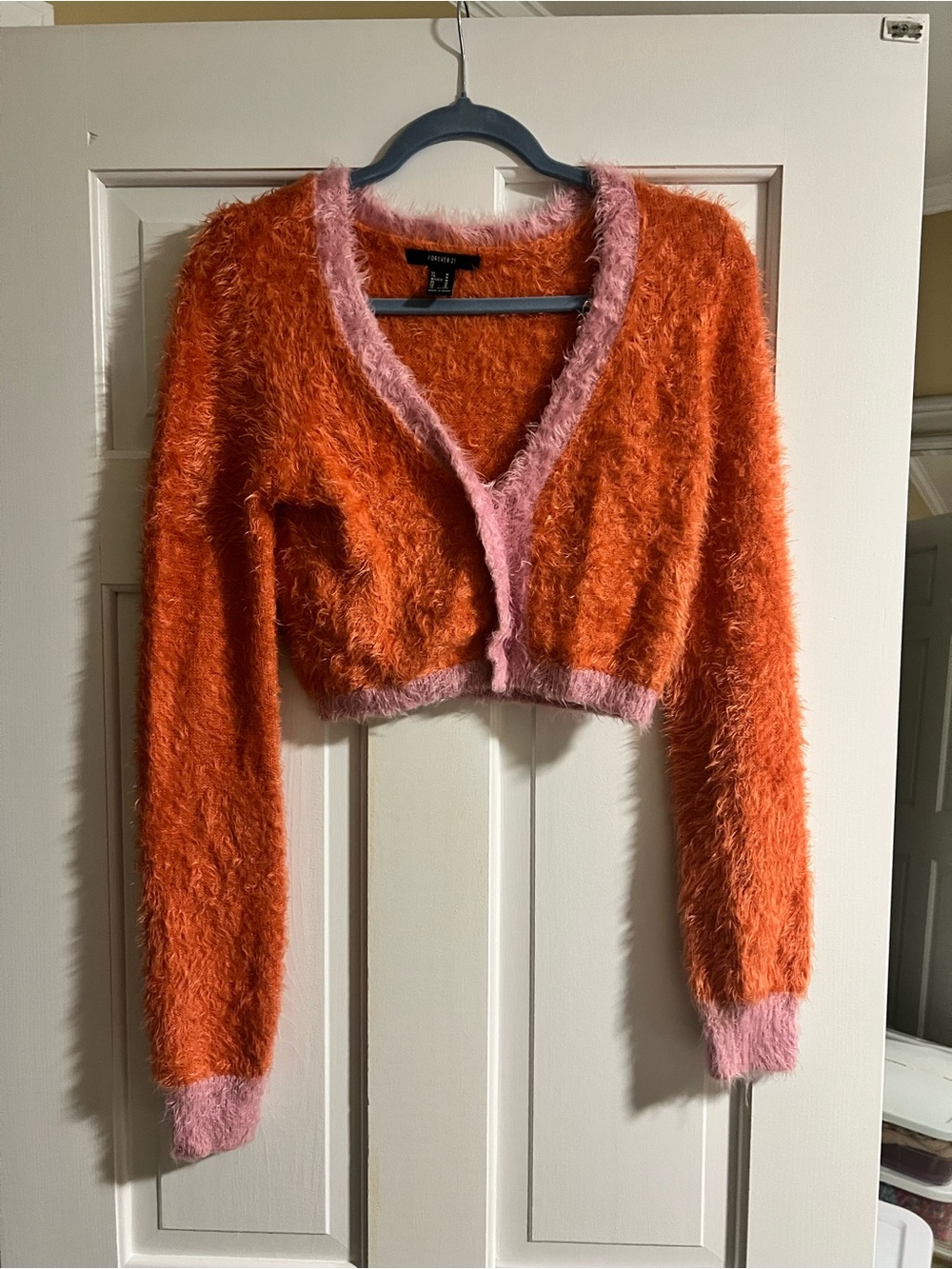 Forever 21 Orange Fuzzy Cropped Cardigan with Pink Trim